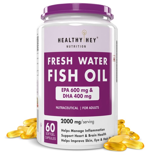 [BRSROAINOQHWAGQ4] HealthyHey Nutrition Fresh Water Fish Oil - 2000 Mg/serving - 60 Softgel Capsules (600 EPA & 400 DHA)