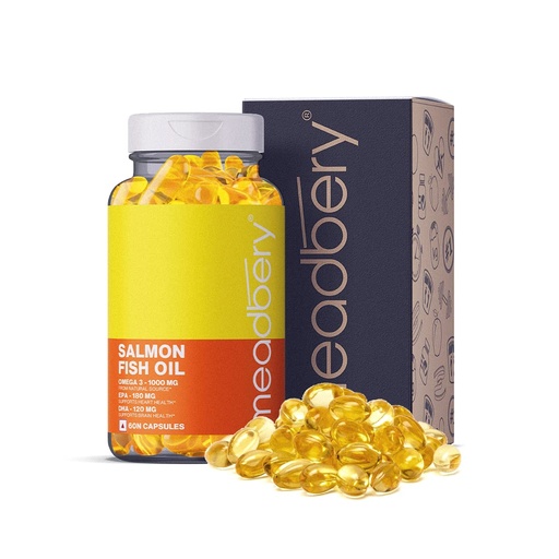 [BRSRMGD3CIBR4FYY] Meadbery Salmon Omega 3 Fish Oil (60N)|1000mg High Strength Omega 3 Supplement With No Fishy Burps for Healthy Heart, Brain & Body, Omega3 Fatty Acid Capsules for Women & Men