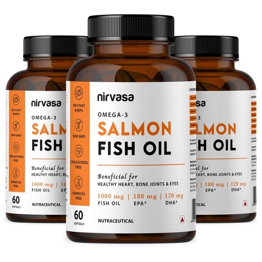 [BRSWYBIBCEAQOE3B] Nirvasa Omega-3 Salmon Fish Oil Capsules (1000mg, 3x60 Softgels) | High-Potency 180mg EPA & 120mg DHA | Supports Heart, Brain, Eye & Bone Health | No Fishy Burps | For Men & Women – Pack of 3