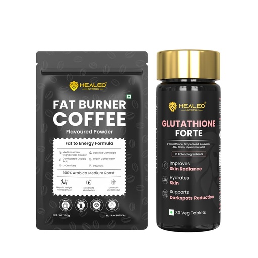 [BRSRYGQPDN5AOETU] HEALEO Weight Management & Skin Wellness Combo | Fat Burner Coffee with MCT, L-Carnitine & Green Coffee Bean + Glutathione Forte 1200mg with Vitamin C, ALA & Hyaluronic Acid | Daily Energy & Skin Supp