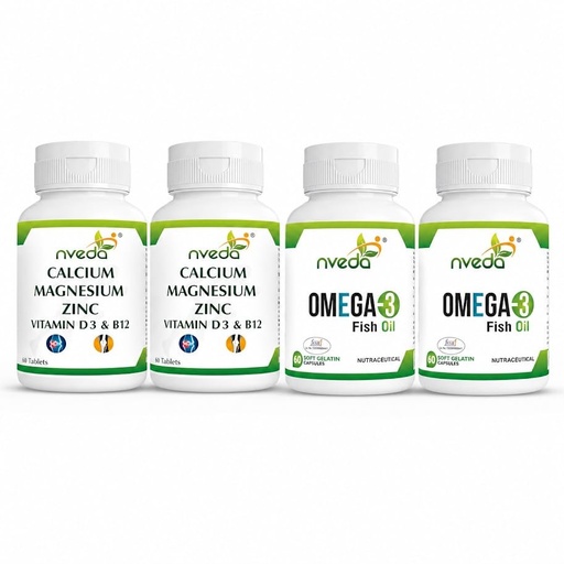 [BRSRY2QNCEBGGHT5] Nveda Omega 3 Fish Oil + Calcium Magnesium Zinc with Vitamin D3 & B12 Combo Pack | 2 x 60 Softgels + 2 x 60 Tablets | Heart, Bone, Joint & Muscle Support | Pack of 4