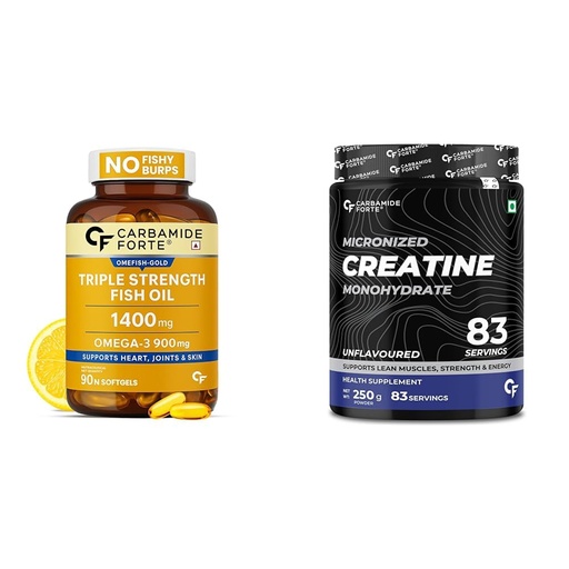 [BRSREHQ6CR5WAEI4] Carbamide Forte Triple Strength Fish Oil 1400mg with Omega 3 900mg & Creatine Mono Hydrate Powder For Lean Muscle Volumization | 90 Softgel Capsules + 83 Serving Unflavoured Powder