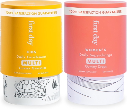 [BRSROCAQC4BA4GY4] FIRST DAY Multivitamin Gummies Bundle for Women & Kids – Vitamins A, B, C, D & K + Folate, Magnesium, Zinc, Biotin & More – Made w/Organic Fruits & Veggies, Only 2g Sugar – 2-Pk, 30 Day Supply Each