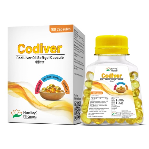 [BRSREAT3BMNAY2DD] Healing Pharma - Codiver Cod Liver Oil Capsules Omega 3 Supplement | Sea Cod Liver Oil- 300mg | Omega3 FishOil with EPA & DHA + Vitamin A & D Supplement - 100 Caps