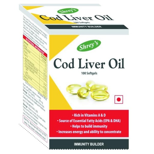 [BRSRGEIPBECGY2TJ] Shrey's Cod Liver Oil | Vitamins A & D | Boost Immunity | Increase Energy Level | Supports Healthy Heart | Maintain Healthy Brain and Vision Health - 100 Capsules (Immunity Booster) (Pack of 1)