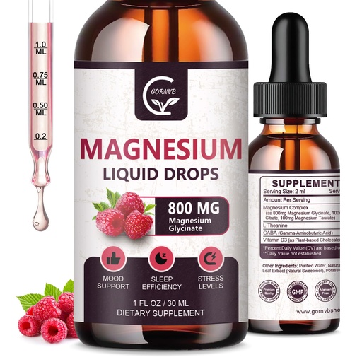 [BRSROCABCEARA33L] (2 Pack) Magnesium Glycinate Liquid Drops | 1000mg Liquid Magnesium Complex with D3, L-Thea & GABA for Energy, Sleep, Nerve and Heart Health, High Absorption, Raspberry Flavor
