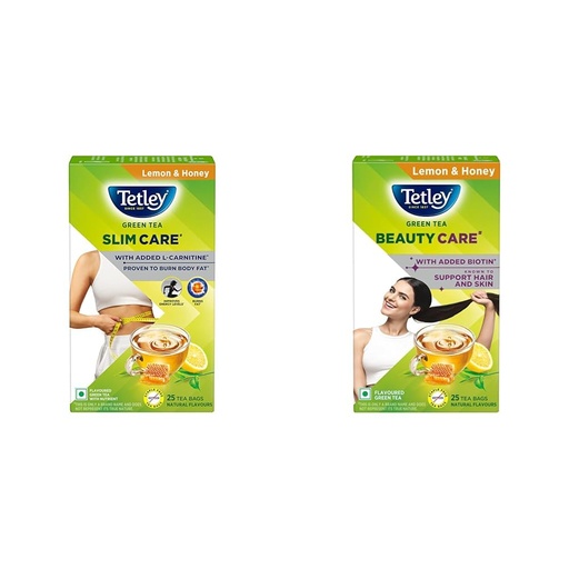 [BRSRGCATCB5WK236] Tetley Green Tea Slim Care, With Added L-Carnitine, Helps Burn Body Fat, Boosts Energy, Low + Tetley Green Tea Beauty Care, With Added Biotin, Supports Hair and Skin, 0 Calories, Natural