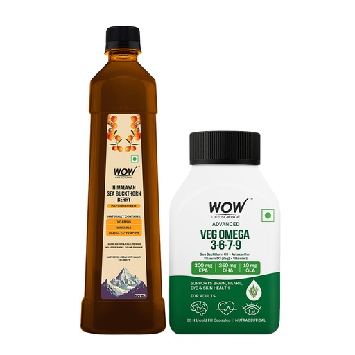 [BRSRGAT6OAMREA3U] WOW Life Science Sea Buckthorn Berry Pulp Concentrate 400 ml + Advanced Veg Omega 3-6-7-9 Capsules | Himalayan Berry + Algae Sourced EPA DHA | Daily Plant Based Wellness Combo