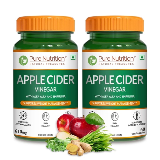 [BRSRMGADC4MQEA37] Pure Nutrition Apple Cider Vinegar with Wheat Grass & Spirulina for Enhanced Wellness | Rich in Antioxidants | Supports Weight Management, Detoxification & Immunity - 60 Veg Capsules (Pack of 2)