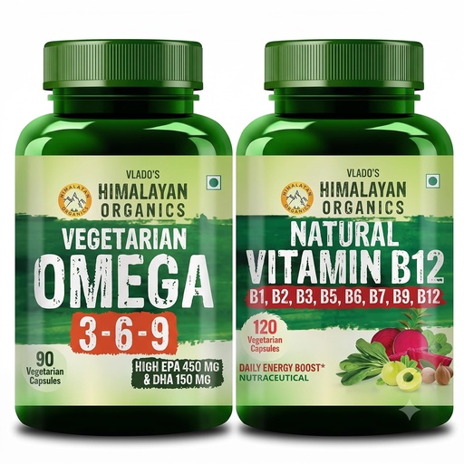 [BRSW2BABOUJWKCLL] Vlado's Himalayan Organics Vegetarian Omega 3-6-9 & Plant Based Vitamin B12 Combo | Flaxseed Omega + B Complex with Moringa | Supports Heart, Brain, Energy Metabolism & Nervous System | Men & Women