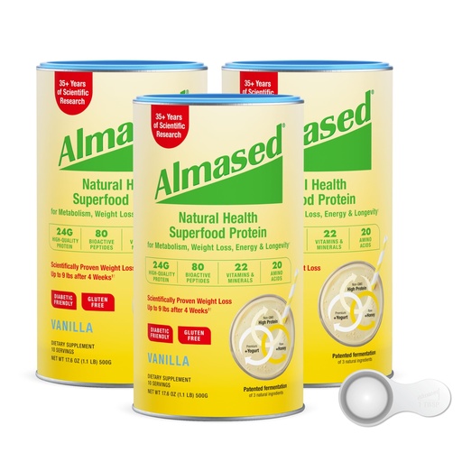 [BRSROZ35BMIBSA3P] Almased Protein Powder for Weight Loss Kit for Men & Women, Natural Meal Replacement Shake for Weight Loss, Supplement, 24 Grams of Protein Per Serving (Vanilla Flavor, 3 Cans @ 17.6 oz ea + Scoop)