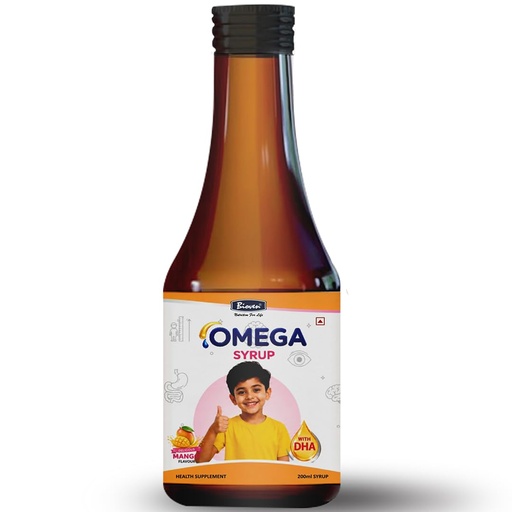 [BRSRYFA6A55GO2DH] Omega Syrup with DHA, Omega Fatty Acids, L-Lysine, Choline, Vitamins & Minerals, Mango Flavour Nutritional Supplement for Children, 200 ml