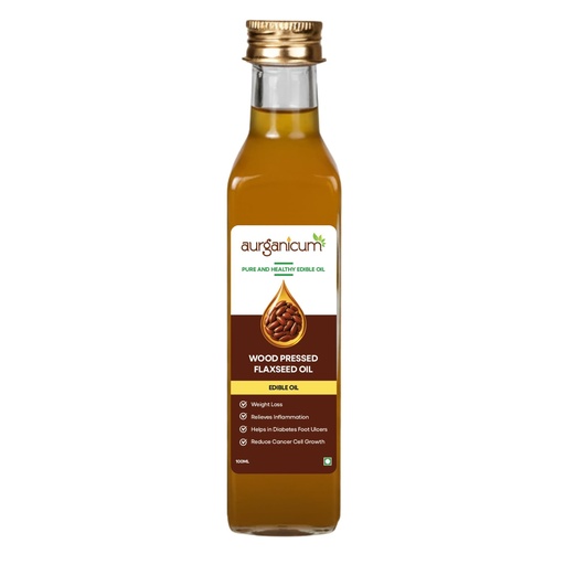 [BRSREYIZPIFRGCY6] Aurganicum Wood Pressed Flaxseed Oil – 100% Pure & Natural | Cold-Pressed & Unrefined | Rich in Omega 3, 6 & 9 | Essential Oil for Hair care, Skin & Wellness | Ideal for Cooking Premium Glass Bottle (100 ml | Glass)