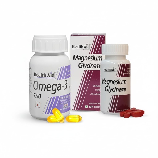 [BRSRGHT3BMJRODY7] HealthAid Omega-3 Fish Oil (750mg) & Chelated Magnesium Glycinate with Zinc (1682mg) – Heart, Brain, Muscle Recovery & Sleep Support | 60 softgels & 60 tablets