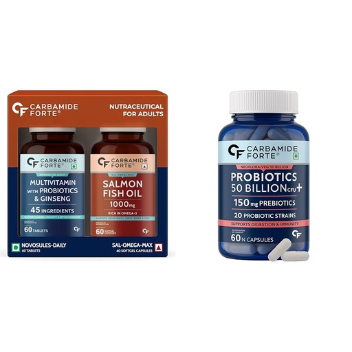 [BRSREAQEOECAAF3D] Carbamide Forte Multivitamin Tablet & Omega 3 fish oil capsules - 60 Tablets + 60 Softgel Capsules & Probiotics Supplement 50 Billion CFU – 60 Capsules
