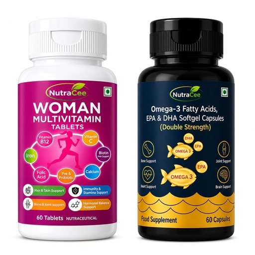 [BRSRYZIKOEFWMFLO] Women's Wellness Combo | Women Multivitamin Tablets (60 Tablets) + Omega 3 Fish Oil Capsules (60 Softgels) | EPA DHA, Vitamins, Minerals, Biotin & Folic Acid | Immunity, Hair, Skin, Heart & Brain Support