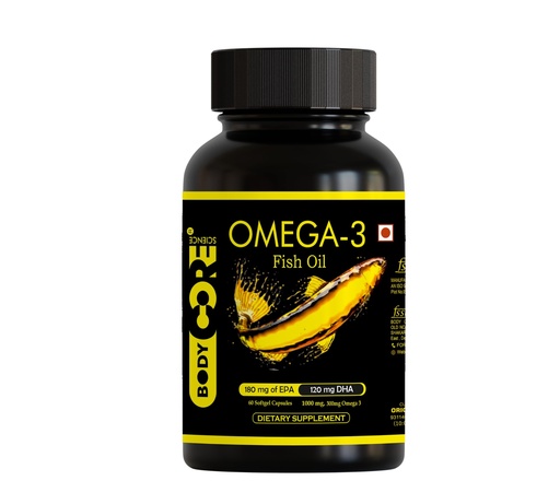 [BRSROHACOABBYA3K] Body Core Science Omega 3 Fish Oil Capsules (60 pcs) For Men and Women,Omega 3 1000mg with 180mg EPA-DHA 120mg, Omega 3 Fish Oil For Healthy Heart, Eyes, Brain & Joints