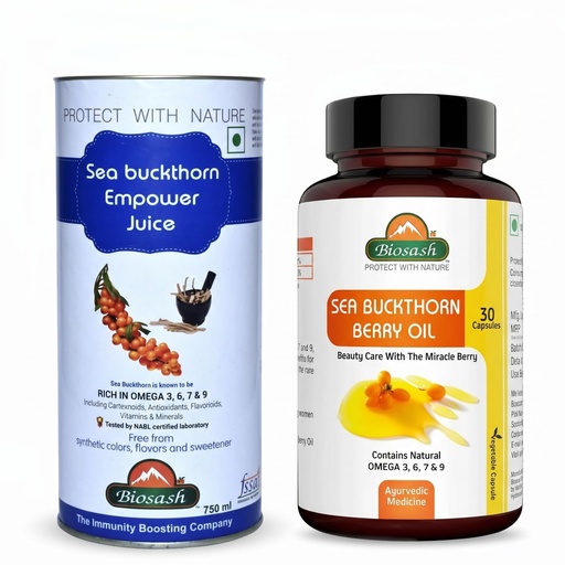 [BRSRGCQPAUHBEC3F] Biosash Sea Buckthorn EMPOWER Juice 250ml (50 Serves) + Berry Oil Capsules 30 Caps Combo pack of Omega 3 6 7 9, Antioxidant-Rich, With Ashwagandha & Herbal Extracts | No Added Sugar & Daily Immunity