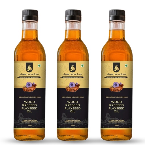 [BRSW2YIFPINRSA3V] Shree Aanantam 100% Pure Organic Cold Pressed Flax Seed Oil - 1 Litre,High in Omega 3-6-9 (Pack of 3)