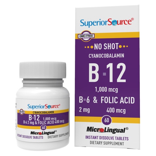 [BRSWIYI7CIIR6EI5] Superior Source No Shot Vitamin B-12 Cyanocobalamin 1000 mcg, B-6, Folic Acid 400 mcg - Support Brain & Heart Health - Aids Natural Energy Levels - 60 Sublingual Dissolving Tablets