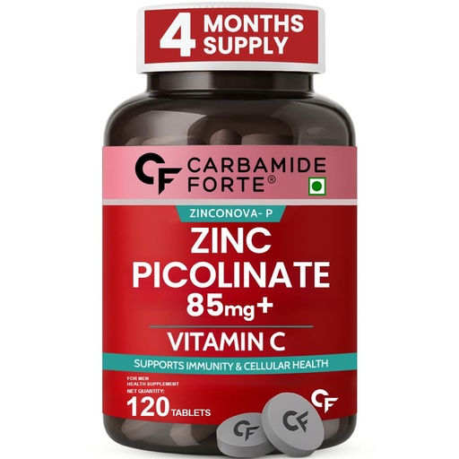 [BRSREHT3AB4G2G3F] Carbamide Forte Zinc Picolinate with Vitamin C | Zinc Supplements for Men with 100% RDA Zinc | Immunity & Cellular Health Support – 120 Tablets
