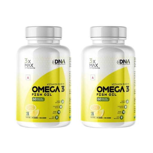 [BRSRGAYBCB5RSEQ4] 3X Max Strength Omega 3 Fish Oil 2500 mg with EPA 900 mg & DHA 600 mg, Vitamins D E K, Lemon Flavour, 120 Softgels (Pack of 2)