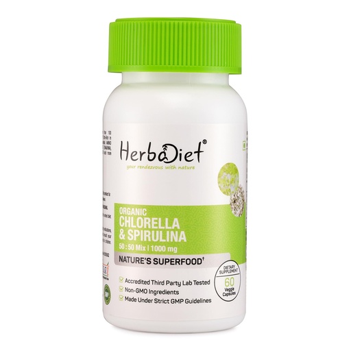 [BRSROGALCIAQY3YY] Herbadiet Organic Spirulina Chlorella 60 Capsules|Cracked Cell Extract,Blue Green Algae|50/50 Blend,Green Superfood|Rich In Vegan Protein,Chlorophyll