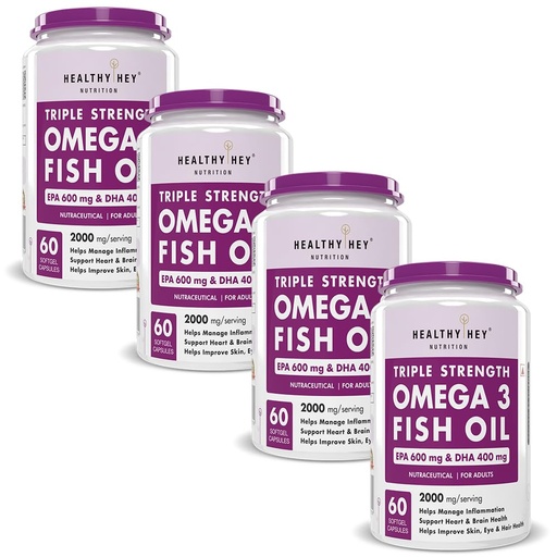 [BRSRAZYEAR4GMETG] HealthyHey Nutrition Fish Oil - Omega 3 Mercury Free (2000 Mg) Burpless - 60 Softgel (600 EPA & 400 DHA) - Pack of 4