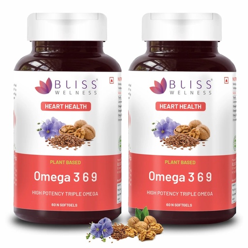 [BRSREHT3BAORSG3O] Bliss Welness Organic Omega 3 6 9 2000mg | Omega3 ALA 1000mg Omega 6 LA 274mg Omega 9 OA 400mg Essential Fatty Acid | Heart Cholesterol Brain Eye Immunity Health Supplement - 60 Softgel Capsules (Pack of 2)