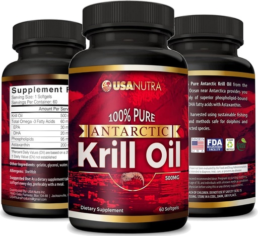 [BRSWGEA5DEIBS2Y6] Antarctic Krill Oil Softgels 100% Pure with Omega-3 EPA DHA Astaxanthin 1000mg per Day (2 Softgels). Made in The USA