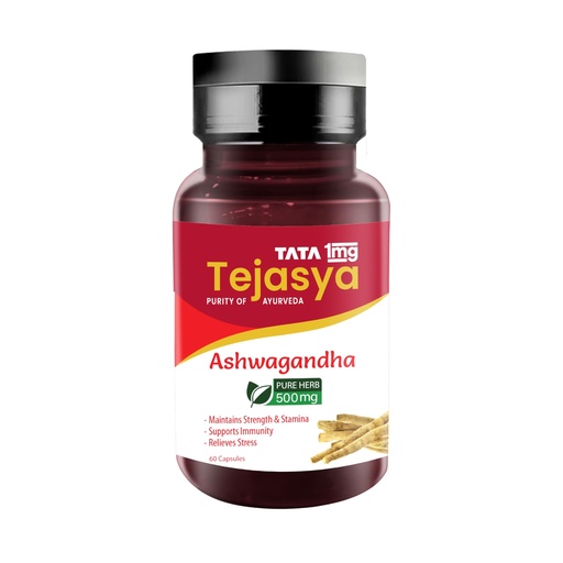 [BRSRMHD2C4OWGDT6] Tata 1mg Tejasya Ashwagandha Capsule 500mg, Supports Strength & Stamina, 500mg, Pack of 60 Capsules