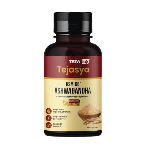 [BRSRAA3YOYAWGD36] Tata 1mg Tejasya Ashwagandha KSM-66 Capsules | 600 mg Root Extract per Capsule | Supports Energy & Stamina | Clinically Researched | USDA Organic | Non-GMO | 60 Capsules