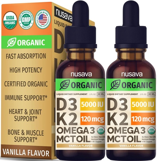 [BRSRMYLYCIJQE33F] (2 Pack) Organic Vitamin D3 K2 Drops with MCT Oil Omega 3, 5000 IU - Maximum Strength Vitamin D Liquid, No Fillers, Non-GMO Liquid D3 for Faster Absorption and Immune Support (Vanilla, 1 Fl OZ x 2)