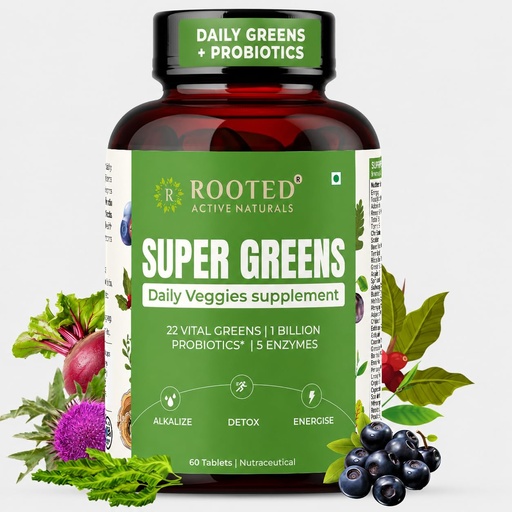 [BRSRAZA7CFYQM3Y6] Rooted Active's Super Green Tablets for Men & Women | Comprehensive Daily Supplement with 22+ Vital Greens, 1 Billion Probiotics, 5 Enzymes | Supports Gut Health, Energy, Immunity | 60 Tablets