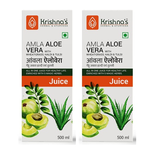 [BRSWGAY6C4BQEFI2] KRISHNA'S HERBAL & AYURVEDA Amla Aloe Vera Wheat-Grass, Haldi & Tulsi Juice - 500 Ml (Pack Of 2) | Enriched With Vitamin C | All In One Drink With Aloe Vera, Amla, Haldi, Tulsi & Wheatgrass