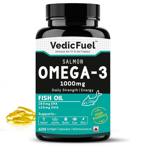 [BRSRAAT7CAFQ2DTK] Salmon Omega 3 Fish Oil Capsules 1000mg | Advanced Fish Oil supplement with 180mg EPA & 120mg DHA | High absorption Omega 3 for Heart, Brain & Joints | Helps manage cholesterol | 60 Capsules