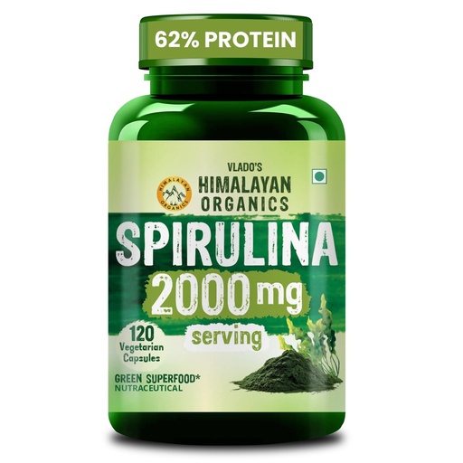 [BRSWGCQQPMHGOYDV] Vlado's Himalayan Organics 100% Spirulina Capsules - 2000mg - Supports Energy, Immunity & Detox - Certified I Green Superfood I Natural Sources Spirulina - 120 Veg capsules