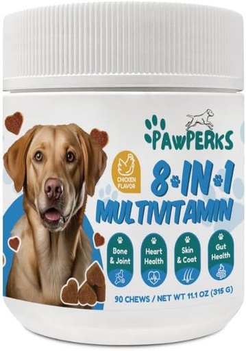 [BRSRAHY6AF4AAALO] 8-in-1 Dog Multivitamin – Glucosamine for Joint Health, Probiotics & Digestive Enzymes – Grain-Free Supplement for Skin, Coat & Immune Support – Chicken Flavor – 90 Chews