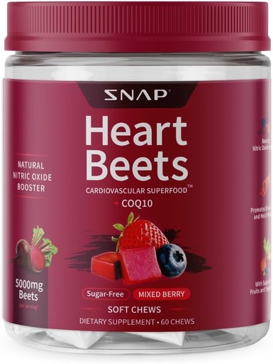 [BRSRA2T3BUDW23Q3] Snap Supplements Heart Beets Organic Beet Root Soft Chews, Cardiovascular Support Supplement for Men & Women, CoQ10 & Red Spinach, Heart Health & Circulation Support, Sugar Free, Mixed Berry, 60 Chews