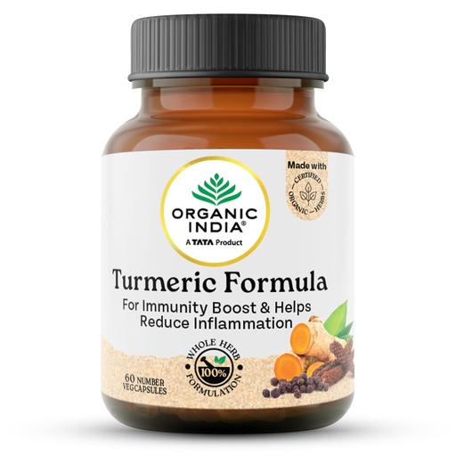 [BRSWKGAAAABAAF3E] A TATA Product - Organic India Turmeric Formula - 60 Veg Capsules, Natural Anti-Inflammatory, Enhance Immunity, Liver Functions, Improves Metabolism, Skin, Bone & Joint Health, GMP & NPOP Certified