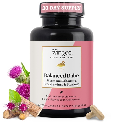 [BRSROZYDDMOWOC3L] Winged Wellness Balanced Babe, Hormone Balance & Estrogen Detox Supplement for Women - 100mg DIM & Milk Thistle for PMS Bloating, Cramps, Mood, Hormonal Acne, & PCOS Support, 60 Capsules
