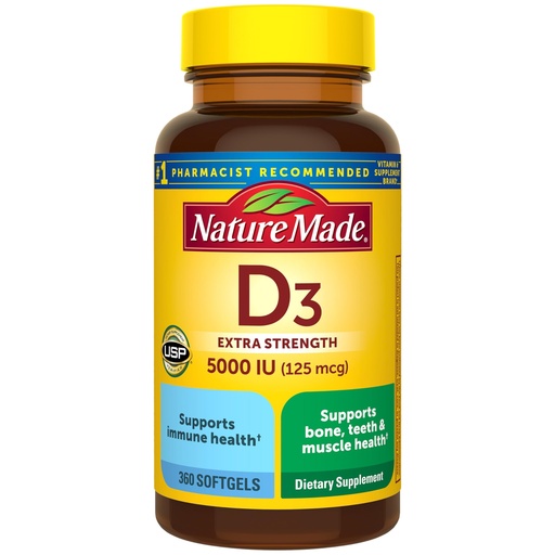 [BRSWYYDRBEHAAALP] Nature Made Vitamin D3 5000 IU (125 mcg) Softgels, Extra Strength Vitamin D Supplement for Bone and Immune Health Support, 360 Count, 360 Day Supply