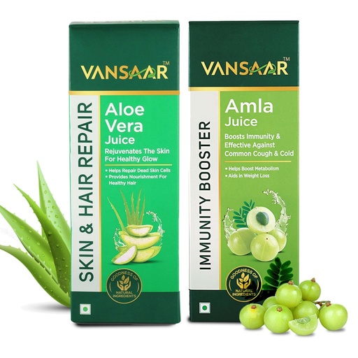 [BRSWGHYYAV5AGAD7] Vansaar Aloe Vera Juice + Amla Juice, 1L + 1L| For Holistic Skin & Hair care | Reduce Hair Fall | Improves Skin Health | Helps Manage Weight | Builds immunity | 100% Ayurveda