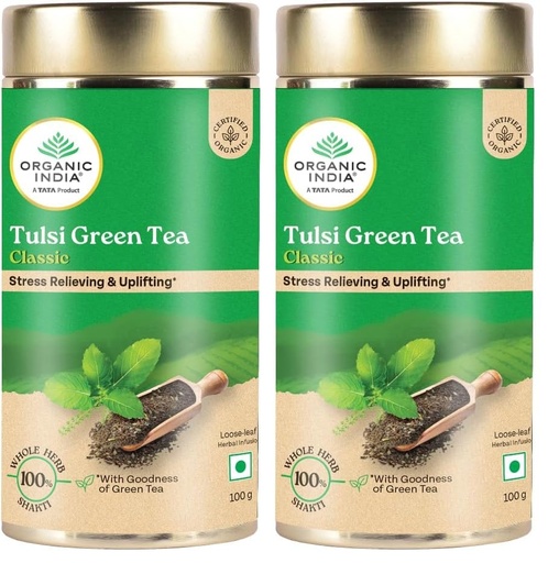 [BRSRYZY3OENAKFY4] A TATA Product - Organic India Tulsi Green Tea Classic Loose Leaves - 100g, Stress Relieving, Uplifts Mood, Rich in Antioxidants, Blend of Rama, Krishna & Vana, Certified Organic (Pack of 2)