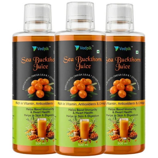 [BRSRGBQPAF6RQGT6] Vedpik Sea Buckthorn Juice - 500ml | With Omega 3, 6, 7 & 9, Natural Antioxidants & Vitamins | Formulated for Immunity, Skin Health, and Well-being (500ml (Pack of 3))