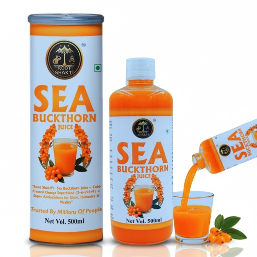 [BRSREHQNPICBE2TO] ROOT SHAKTI Naturals Sea Buckthorn Juice 500ml | Himalayan Berry Drink Rich in Omega 3 6 7 9 & Vitamin C | Natural Immunity Booster & Antioxidant | Supports Skin Glow, Heart & Gut Health | No Added Sugar