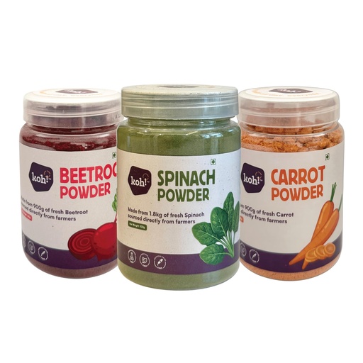 [BRSRAGDQAUGRSCLU] KOH Super Veggie Trio Combo Pack Of 3 - Beetroot, Carrot & Spinach Powder | Pure & Natural Superfoods for Cooking, Smoothies & Skincare | Rich in Vitamins, Protein, Fiber | No Additives