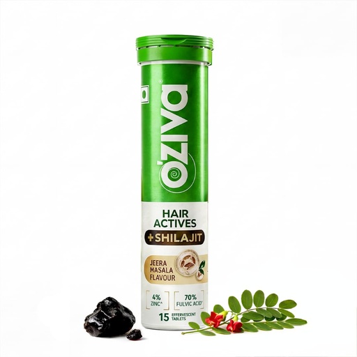 [BRSRGBAECQNBAHTO] OZiva Hair Actives + Shilajit for Men | Supports Hair Thickness & Density | Hair Fall Supplement with Liposomal SesZen-Bio®, GZen-Zinc™ & Shudh Shilajit | Jeera Masala Flavor | 15 Effervescent Tablets