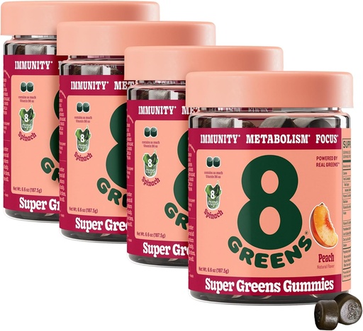 [BRSRMBIYO5YRQC36] 8Greens Supergreens Gummies | Super Greens Powder Superfood Gummy for Metabolism, Immunity & Focus, Digestive Health Enzymes, Organic: Chlorella, Spirulina, Aloe Vera, Peach Flavor, 200 Count
