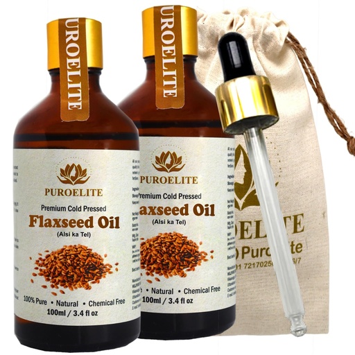 [BRSRAED3BZ7QYHQZ] Premium Cold Pressed Flaxseed Oil 200 ml (100 ml x 2) | 100% Pure and Natural | Unrefined Oil for Face and Hair Care | Glass Bottle with Dropper